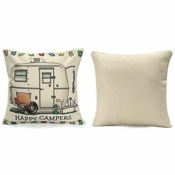 Happy Campers Retro Trailer Pillow Cover Sham Owls Hidden Zipper 17-in Gift NEW - Picture 2 of 2